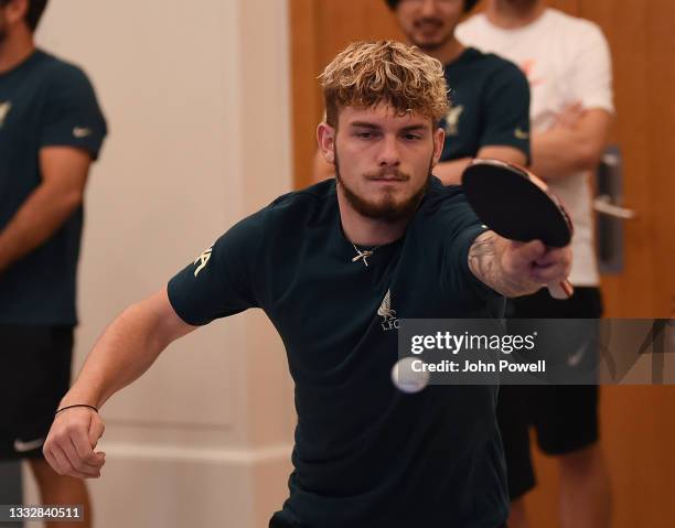 Harvey Elliott of Liverpool during a Table Tennis Tournament at Their Pre-Season Training Camp on August 06, 2021 in Evian-les-Bains, France.