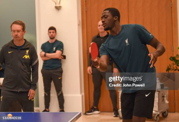 Ibrahima Konate of Liverpool during a Table Tennis Tournament at Their Pre-Season Training Camp on August 06, 2021 in Evian-les-Bains, France.