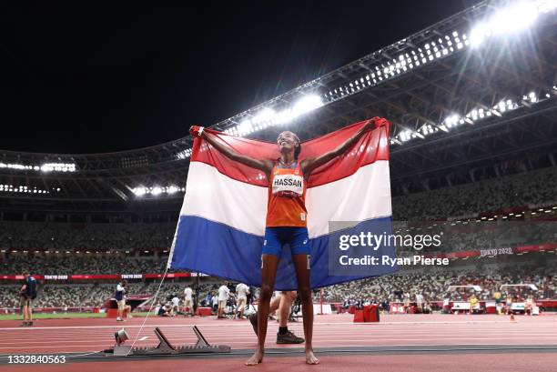 Sifan Hassan of Team Netherlands celebrates after winning the gold medal in the Women's 10,000m Final on day fifteen of the Tokyo 2020 Olympic Games...