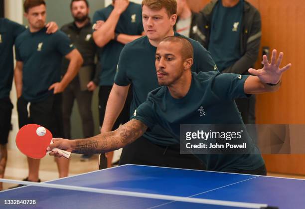 Thiago Alcantara of Liverpool during a Table Tennis Tournament at Their Pre-Season Training Camp on August 06, 2021 in Evian-les-Bains, France.