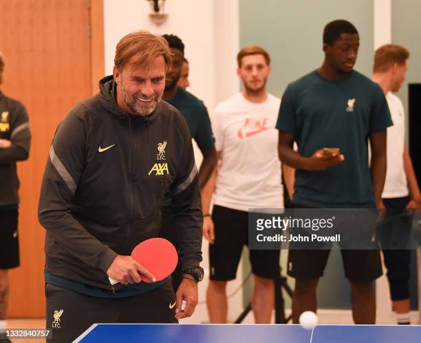 Jurgen Klopp manager of Liverpool during a Table Tennis Tournament at Their Pre-Season Training Camp on August 06, 2021 in Evian-les-Bains, France.