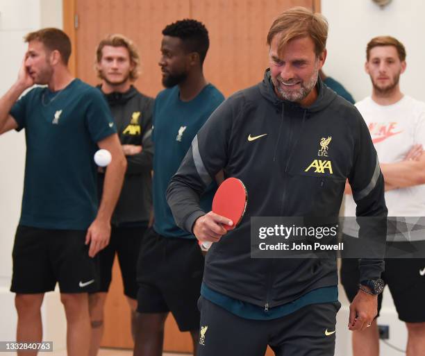 Jurgen Klopp manager of Liverpool during a Table Tennis Tournament at Their Pre-Season Training Camp on August 06, 2021 in Evian-les-Bains, France.