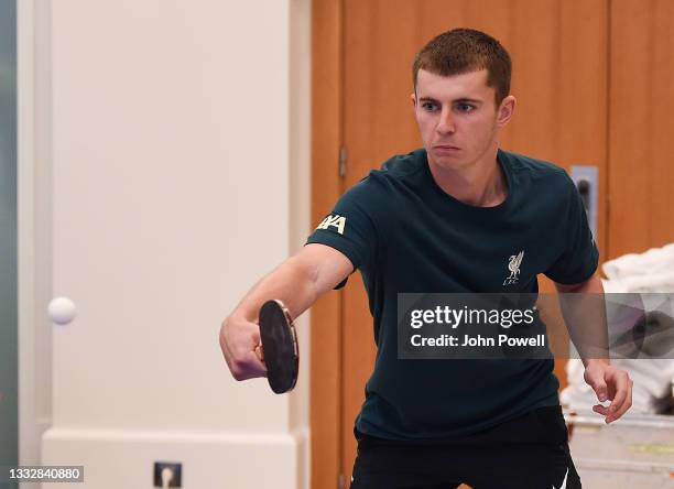 Ben Woodburn of Liverpool during a Table Tennis Tournament at Their Pre-Season Training Camp on August 06, 2021 in Evian-les-Bains, France.