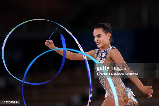 Linoy Ashram of Team Israel competes during the Individual All-Around Final on day fifteen of the Tokyo 2020 Olympic Games at Ariake Gymnastics...