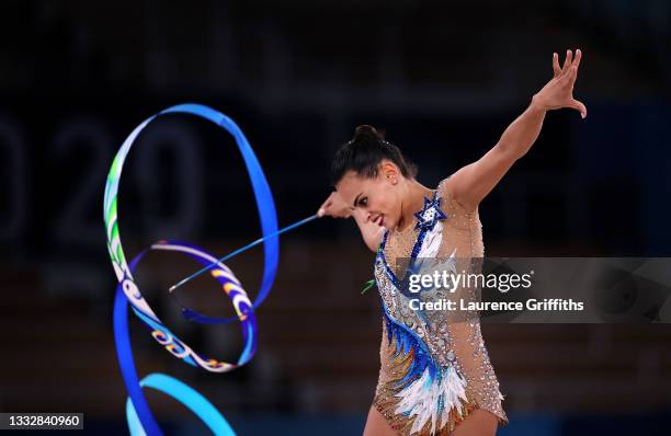 Linoy Ashram of Team Israel competes during the Individual All-Around Final on day fifteen of the Tokyo 2020 Olympic Games at Ariake Gymnastics...