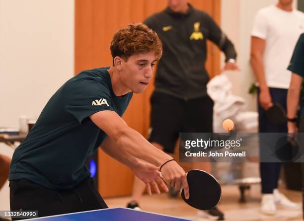 Kostas Tsimikas of Liverpool during a Table Tennis Tournament at Their Pre-Season Training Camp on August 06, 2021 in Evian-les-Bains, France.