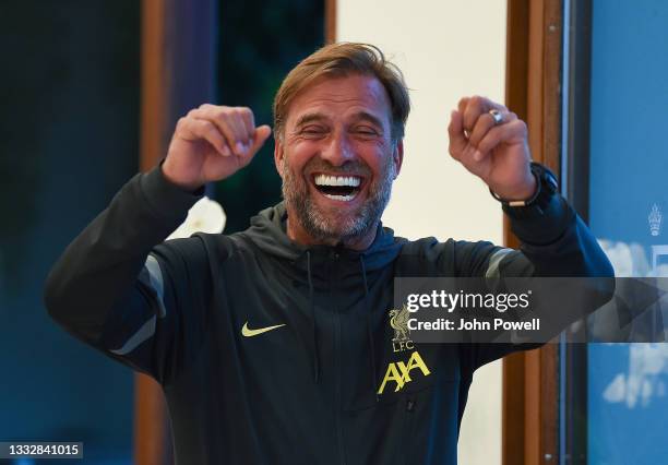 Jurgen Klopp manager of Liverpool during a Table Tennis Tournament at Their Pre-Season Training Camp on August 06, 2021 in Evian-les-Bains, France.