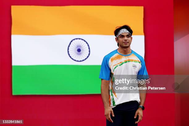 Neeraj Chopra of Team India prepares to compete in the Men's Javelin Throw final on day fifteen of the Tokyo 2020 Olympic Games at Olympic Stadium on...