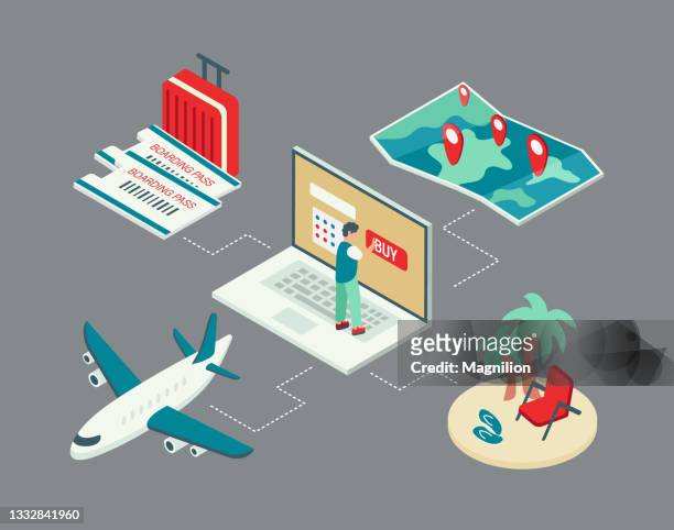 online travel buying tickets isometric illustration - commercial airplane stock illustrations stock illustrations