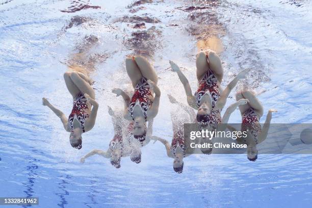 Team Canada compete in the Artistic Swimming Team Free Routine on day fifteen of the Tokyo 2020 Olympic Games at Tokyo Aquatics Centre on August 07,...