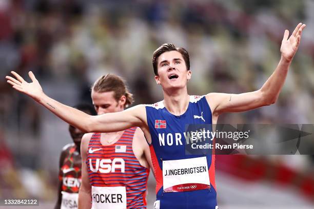 Jakob Ingebrigtsen of Team Norway reacts after winning the gold medal in the Men's 1500m Final on day fifteen of the Tokyo 2020 Olympic Games at...