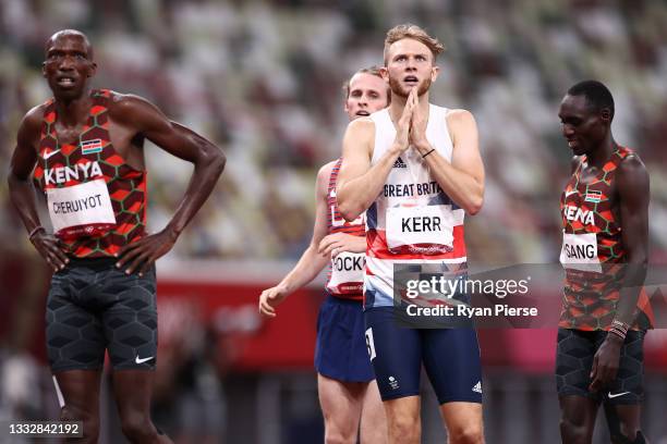 Josh Kerr of Team Great Britain reacts after winning the bronze medal in the Men's 1500m Final on day fifteen of the Tokyo 2020 Olympic Games at...