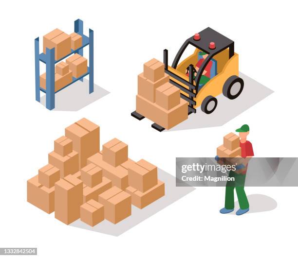 stockillustraties, clipart, cartoons en iconen met loader and warehouse isometric illustration - storage compartment