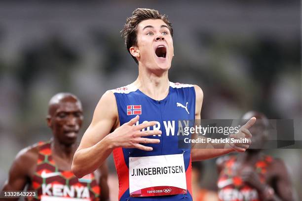 Jakob Ingebrigtsen of Team Norway reacts as he crosses the finish line winning the gold medal in the Men's 1500m Final on day fifteen of the Tokyo...