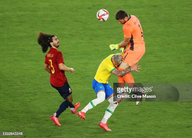 Antony of Team Brazil is challenged by Unai Simon of Team Spain during the Men's Gold Medal Match between Brazil and Spain on day fifteen of the...