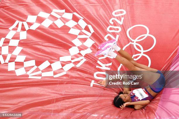 Vashti Cunningham of Team United States competes in the Women's High Jump final on day fifteen of the Tokyo 2020 Olympic Games at Olympic Stadium on...