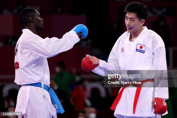 Ryutaro Araga of Team Japan reacts after being defeated by Tareg Hamedi of Team Saudi Arabia during the Men’s Karate Kumite +75kg Semifinal contest...