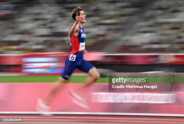 Jakob Ingebrigtsen of Team Norway reacts after winning the gold medal in the Men's 1500m Final on day fifteen of the Tokyo 2020 Olympic Games at...