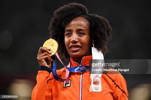Gold medalist Sifan Hassan of Team Netherlands stands on the podium during the medal ceremony for the Women’s 10,000m on day fifteen of the Tokyo...