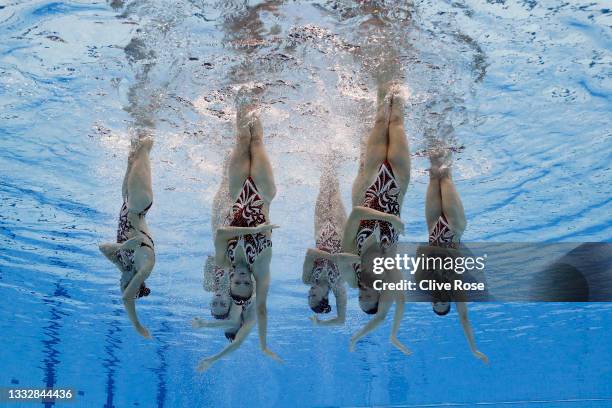 Team Canada compete in the Artistic Swimming Team Free Routine on day fifteen of the Tokyo 2020 Olympic Games at Tokyo Aquatics Centre on August 07,...