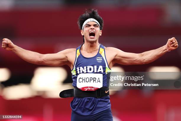 Neeraj Chopra of Team India reacts after competing in the Men's Javelin Throw final on day fifteen of the Tokyo 2020 Olympic Games at Olympic Stadium...