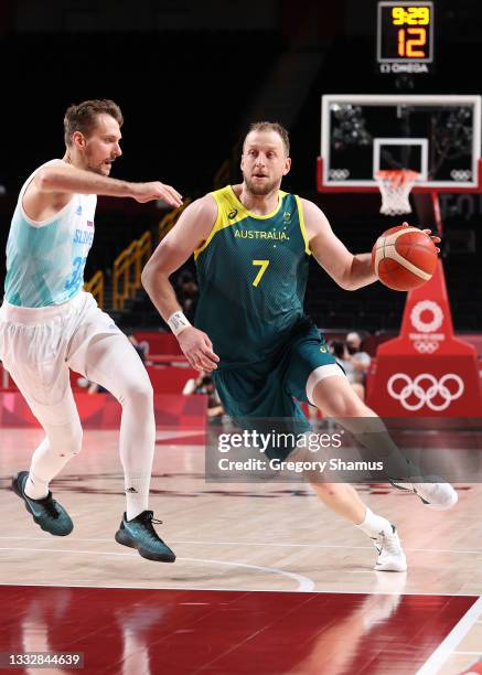 Joe Ingles of Team Australia drives to the basket against Zoran Dragic of Team Slovenia during the second half of the Men's Basketball Bronze medal...