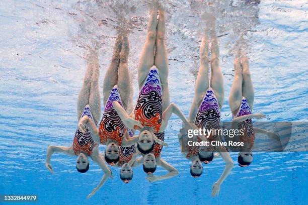 Team China compete in the Artistic Swimming Team Free Routine on day fifteen of the Tokyo 2020 Olympic Games at Tokyo Aquatics Centre on August 07,...