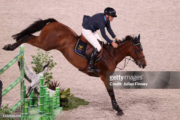 Peder Fredricson of Team Sweden riding All In competes in the Jumping Team Final at Equestrian Park on August 07, 2021 in Tokyo, Japan.