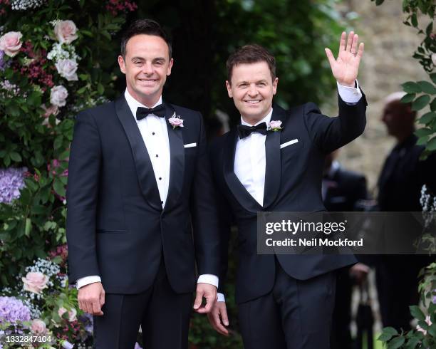 Ant McPartlin and Declan Donnelly seen arriving at the wedding of Ant McPartlin and Anne-Marie Corbett at St Michael's Church in Heckfield on August...