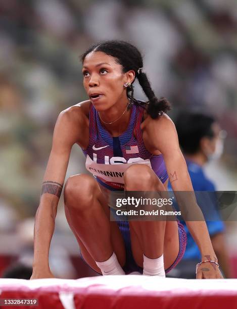 Vashti Cunningham of Team United States reacts after competing in the Women's High Jump final on day fifteen of the Tokyo 2020 Olympic Games at...