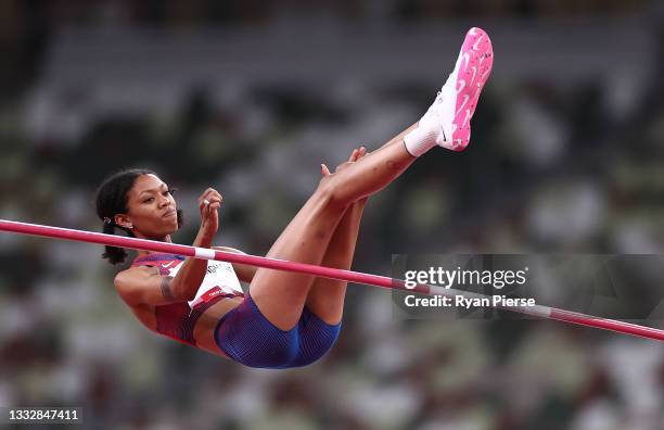 Vashti Cunningham of Team United States competes in the Women's High Jump final on day fifteen of the Tokyo 2020 Olympic Games at Olympic Stadium on...