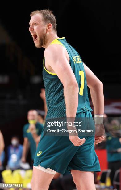 Joe Ingles of Team Australia reacts after making a 3-point basket against Team Slovenia during the second half of the Men's Basketball Bronze medal...