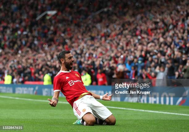 Bruno Fernandes of Manchester United celebrates scoring during the pre-season friendly match between Manchester United and Everton at Old Trafford on...