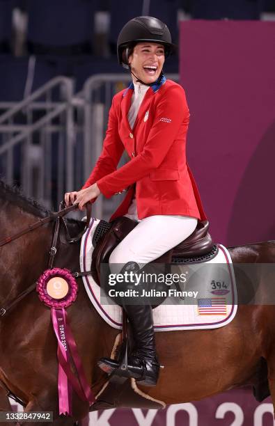 Jessica Springsteen of Team United States celebrates winning silver in the Jumping Team Final at Equestrian Park on August 07, 2021 in Tokyo, Japan.