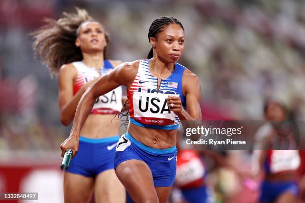 Allyson Felix of Team United States competes in the Women' s 4 x 400m Relay Final on day fifteen of the Tokyo 2020 Olympic Games at Olympic Stadium...