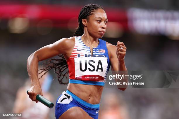 Allyson Felix of Team United States competes in the Women' s 4 x 400m Relay Final on day fifteen of the Tokyo 2020 Olympic Games at Olympic Stadium...