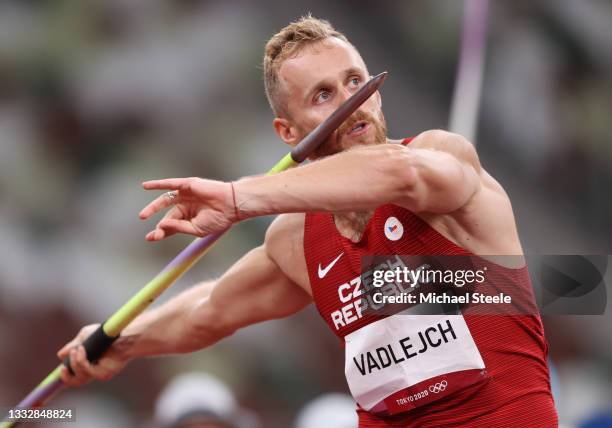 Jakub Vadlejch of Team Czech Republic competes in the Men's Javelin Throw Final on day fifteen of the Tokyo 2020 Olympic Games at Olympic Stadium on...