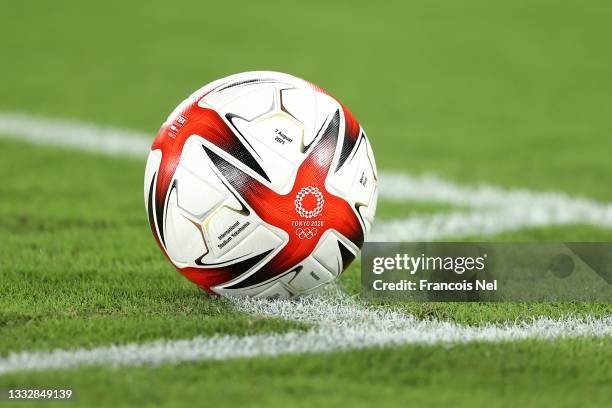 Detailed view of the Adidas Tokyo 2020 Olympic match ball is seen on the corner spot during the Men's Gold Medal Match between Brazil and Spain on...