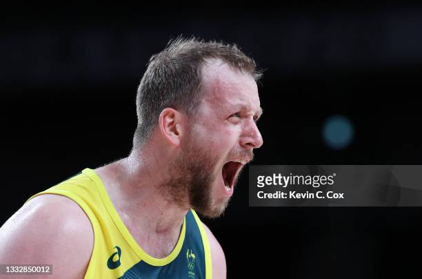 Joe Ingles of Team Australia reacts during the second half of the Men's Basketball Bronze medal game between Team Slovenia and Team Australia on day...