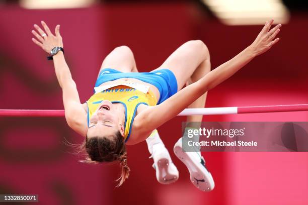 Yaroslava Mahuchikh of Team Ukraine competes in the Women's High Jump Final on day fifteen of the Tokyo 2020 Olympic Games at Olympic Stadium on...