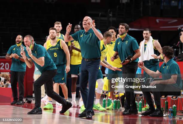 Team Australia Head Coach Brian Goorjian and his staff call out to their team from the bench during the second half of the Men's Basketball Bronze...