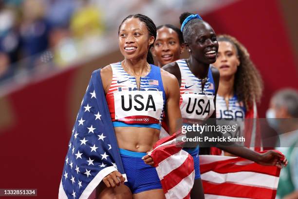 Allyson Felix of Team United States reacts after winning the gold medal in the Women' s 4 x 400m Relay Final on day fifteen of the Tokyo 2020 Olympic...