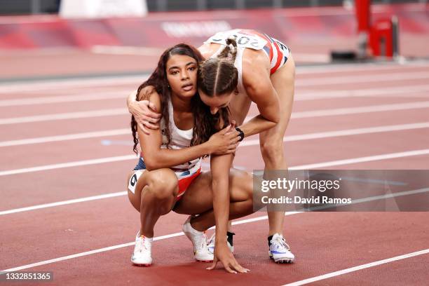 Nicole Yeargin and Emily Diamond of Team Great Britain reacts after finishing in fifth in the Women's 4 x 400 Relay on day fifteen of the Tokyo 2020...