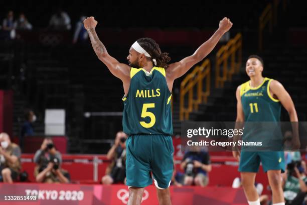 Patty Mills of Team Australia celebrates a win over Slovenia in the Men's Basketball Bronze medal game on day fifteen of the Tokyo 2020 Olympic Games...