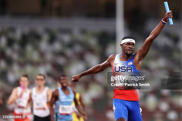 Rai Benjamin of Team United States celebrates winning the gold medal as he crosses the finish line in the Men's 4 x 400m Relay Final on day fifteen...