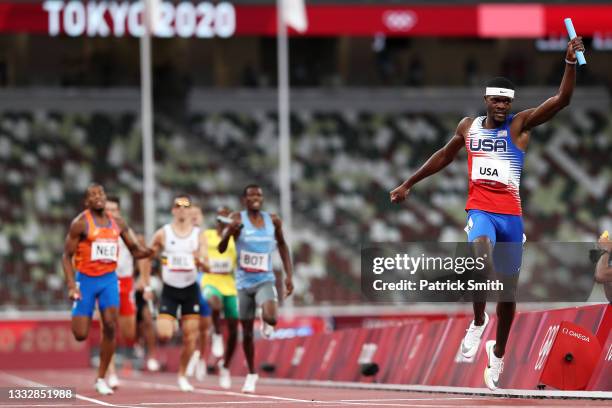 Rai Benjamin of Team United States celebrates winning the gold medal as he crosses the finish line in the Men's 4 x 400m Relay Final on day fifteen...