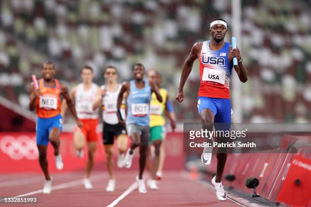 Rai Benjamin of Team United States competes in the Men's 4 x 400m Relay Final on day fifteen of the Tokyo 2020 Olympic Games at Olympic Stadium on...