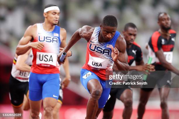 Bryce Deadmon of Team United States competes in the Men's 4 x 400m Relay Final on day fifteen of the Tokyo 2020 Olympic Games at Olympic Stadium on...