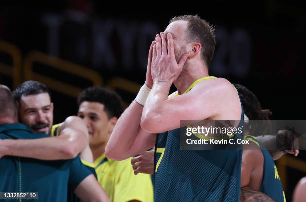 Joe Ingles of Team Australia celebrates a win over Team Slovenia in the Men's Basketball Bronze medal game on day fifteen of the Tokyo 2020 Olympic...