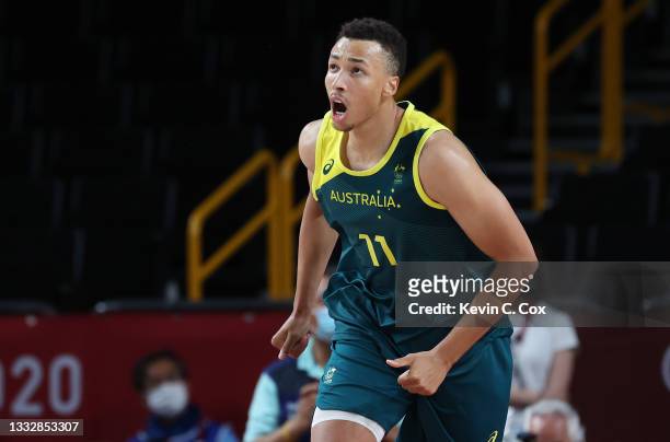 Dante Exum of Team Australia celebrates against Team Slovenia during the second half of the Men's Basketball Bronze medal game on day fifteen of the...